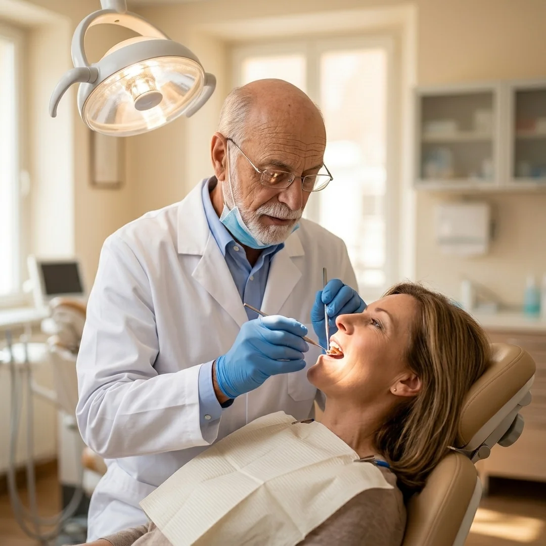 Il dentista esegue un trattamento odontoiatrico su un paziente accomodato sulla poltrona