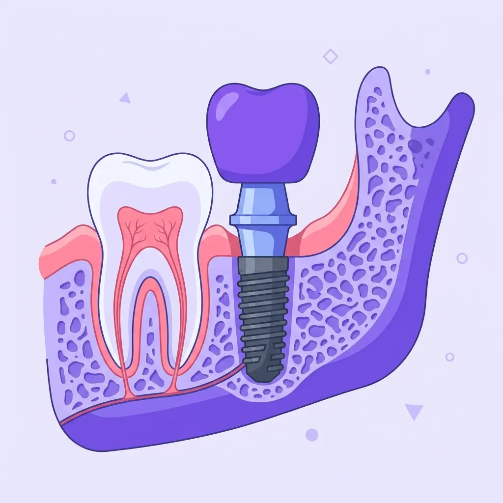 Sezione trasversale di un impianto dentale inserito nell'osso mandibolare con vite in titanio, abutment e corona protesica